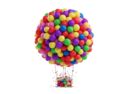 Colorful balloon cluster lifts a basket filled with confetti against black backdrop on transparent background