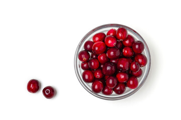 Bowl of cranberries on white background