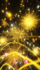 Naklejka premium Vibrant New Year fireworks illuminate a modern city scene bursting with golden light trails