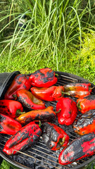 Charred peppers sizzling on a grill, evoking a fiery symphony of flavor, perfect for Midsummer Revelry or Spice Appreciation Week