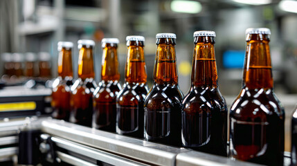 Bottles of craft beer move along a production line in a brewery during the bottling process