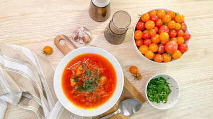 Rustic tomato soup with garlic whispers, folk culinary magic, cozy autumn equinox harvest, Slavic comfort, aromatic heritage brew