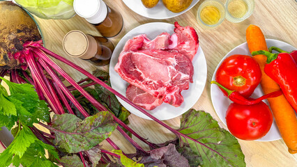 Intricate dance of vibrant vegetables and succulent pork, ideal for Slavic Maslenitsa feast or eclectic root festival celebrations