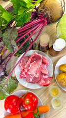 Root-veggies tango with raw meat, vibrant farm-to-table symphony, autumn equinox feast, ancestral culinary lore awakens senses