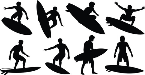 Silhouettes of surfers in various surfing poses and stances vector illustration 
