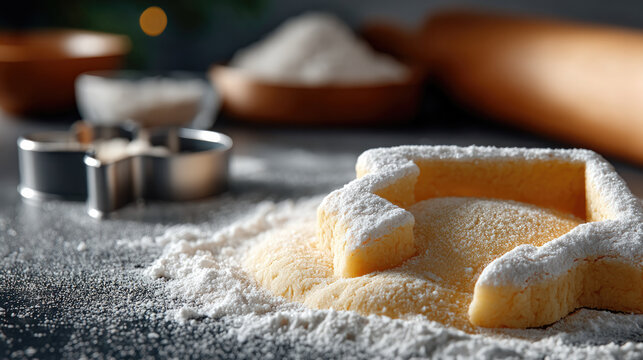 Baking cookie dough house shape on floured surface, metal cutter, rolling pin, and ingredients in kitchen