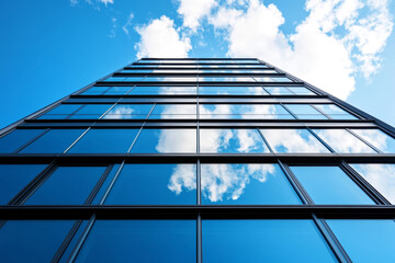 Looking up at a sleek office building, the blue sky and white clouds create stunning reflections on the glass windows, evoking tranquility and modernity
