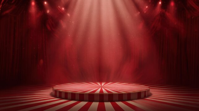 A dramatic red circus stage with glowing spotlights illuminates a striped round podium