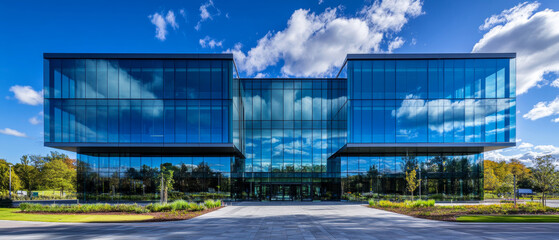 Obraz premium This scene showcases a striking modern office building with a glass facade mirroring the blue sky and fluffy clouds, surrounded by lush greenery and a clean landscape