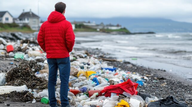 Man in Red Jacket Observing Pollution on Beach with Trash and Debris