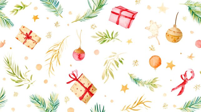 Festive watercolor Christmas pattern with toys gifts and fir branches joyful holiday design - Powered by Adobe