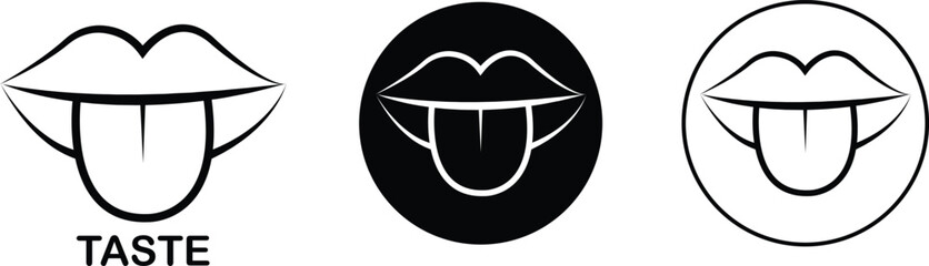 Taste mouth tongue icon set collection group, lip tongue outline symbol pack, flavor sense illustration bundle, taste organ graphic kit, line and flat style black vector drawing assortment