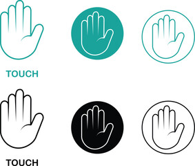 Touch hand icon set collection group in black flat line style, palm symbol illustration pack of gesture signs, stop hand mark outline bundle, sensory touch graphic elements assortment