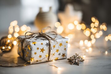 Close-up of an elegantly designed holiday subscription box, surrounded by twinkling fairy lights and seasonal ornaments, evoking a joyful and inviting atmosphere
