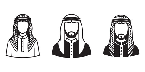 Arab Man Avatar Set Wearing Traditional set of muslim avatars, vector arab man icon, saudi characters, arabic businessman illustration