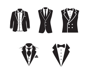 Elegant Gentleman Suit and Tuxedo Vector Icon Collection. Formal Menswear Symbols for Business, Wedding, and Gala Events.