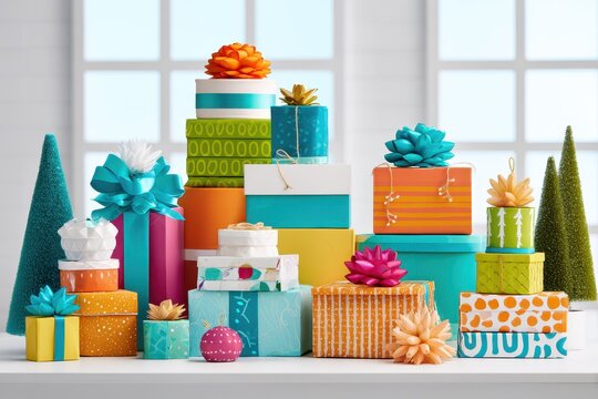 Bright and cheerful arrangement of colorful gift boxes stacked creatively, with ribbons and ornaments, set against a clean, modern backdrop to evoke excitement