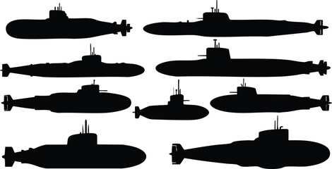 Submarine silhouettes vector collection with various shapes and sizes for maritime design projects 