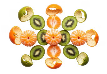 A vibrant fruit arrangement of kiwi and mandarin segments, isolated on transparent background, showcasing a colorful and healthy combination for a refreshing culinary experience