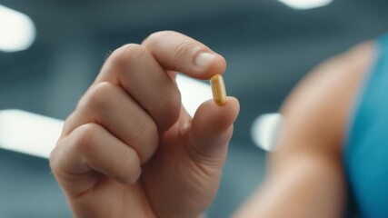Close-up of Hand Holding Yellow Capsule in Light Background for Health and Wellness Concept Exploration 4k video footage