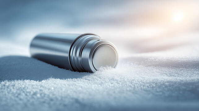 Insulated thermos in snow, perfect for winter adventures. Keeps drinks warm, ideal for outdoor enthusiasts seeking comfort in cold weather.