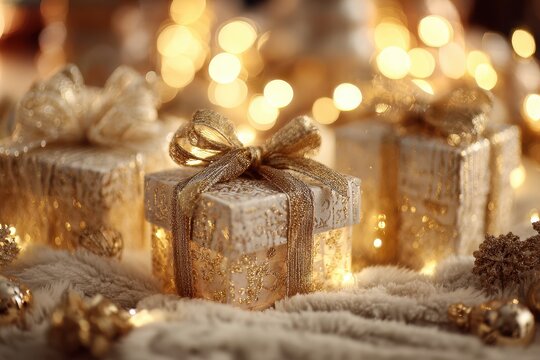 Warmly lit scene featuring elegantly wrapped gift boxes in various sizes, showcasing festive decorations, surrounded by soft, cozy textures for a holiday atmosphere