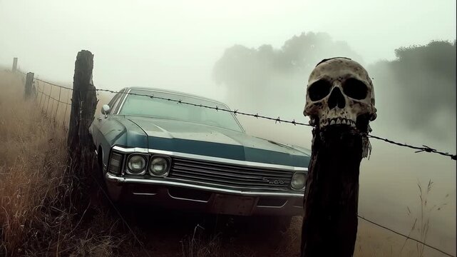 Abandoned car on a rural road with a skull on a fence post on a foggy Halloween day. Horror footage.