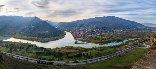 Panoramic view of the Aragvi and Kura rivers confluence and Mtskheta city seen from Jvari monastery © vahanabrahamyan
