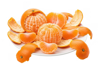 Tangerines isolated on transparent background a vibrant display of peeled and whole tangerines, showcasing their juicy segments and bright orange color against a clean backdrop