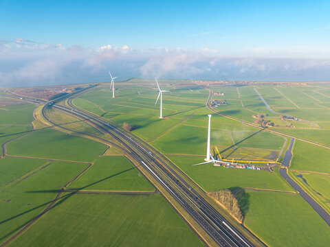 Drone View of Renewable Energy Turbine at Sunset