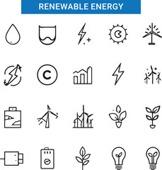 Ecology and Energy web icons in line style. Nature green, electric car, organic, renewable energy, green technology, environmental energy collection.
