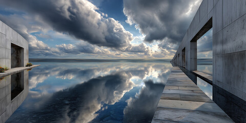 Modern architecture with reflective water surface and dramatic clouds  