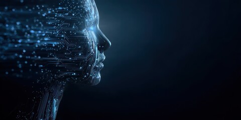 Digital human profile dissolving into blue light circuits against dark background.