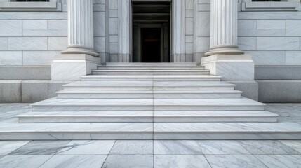 Naklejka premium Steps leading to a grand entrance of a marble building, showcasing architectural details at a midday sunlight in a bustling city environment