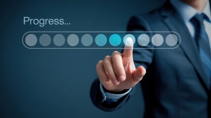 Fototapeta premium Man's finger pressing on a progress bar indicating successful completion of a task, business or project