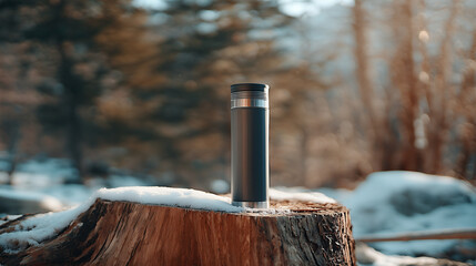A thermos on a wooden stump in winter, perfect for outdoor adventures, keeping drinks warm in cold conditions.