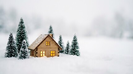 Naklejka premium Tiny Christmas Cabin Under Warm Lantern Light