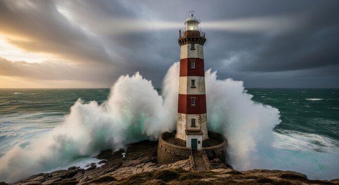 Lighthouse standing strong against crashing sea waves 