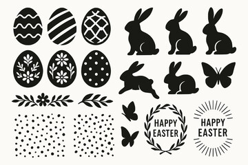 High end Easter vector pack including modern stylized eggs abstract bunny figures floral ribbons butterfly silhouettes confetti patterns and celebration emblems balanced composition crisp vector 