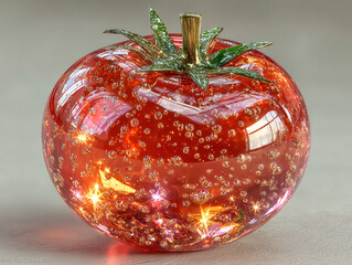 a glass sculpture of a tomato with a shiny, reflective surface and small bubbles embedded within it. The sculpture is placed on a plain background.