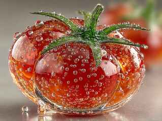 a glass sculpture of a tomato with a shiny, reflective surface and small bubbles embedded within it. The sculpture is placed on a plain background.