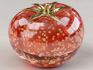 a glass sculpture of a tomato with a shiny, reflective surface and small bubbles embedded within it. The sculpture is placed on a plain background.