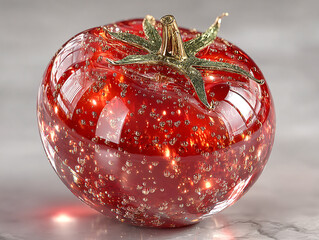 a glass sculpture of a tomato with a shiny, reflective surface and small bubbles embedded within it. The sculpture is placed on a plain background.