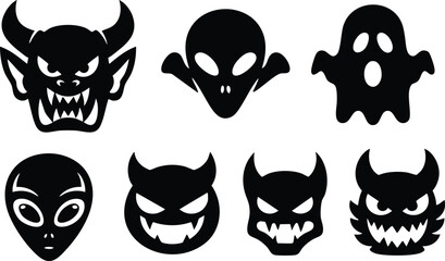 Set of scary black and white monster and ghost faces vector illustrations for Halloween and horror themed designs 