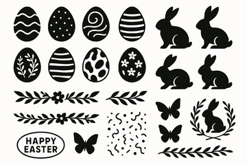 High end Easter vector pack including modern stylized eggs abstract bunny figures floral ribbons butterfly silhouettes confetti patterns and celebration emblems balanced composition crisp vector 
