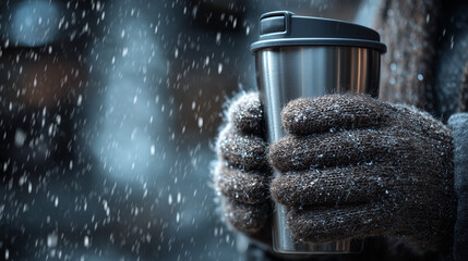 Cozy hands holding a thermos cup in a snowy setting, perfect for winter promotions, warm drinks, and holiday gifts.