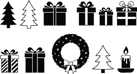 Fototapeta premium Christmas holiday decorations set including tree, gift boxes, wreath, and candle in black and white vector illustration 
