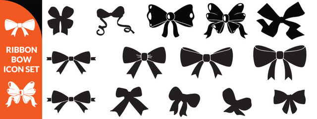 Fototapeta premium Ribbon bow icon set, vector coquettish cute knot, romantic love doodle vintage accessory collection. Holiday gift decoration silhouette, birthday elegant design element. Feminine Valentine ribbon bow 