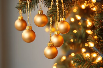 Golden ornaments hang from a festive Christmas tree adorned with lights, creating a warm and joyful atmosphere during the holiday season.