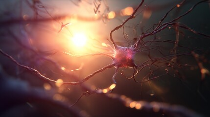 A captivating neuron cell exhibits intricate branches and a glowing cell body, capturing the essence of neural connections. The sunlight creates a warm glow around the neuron cell,